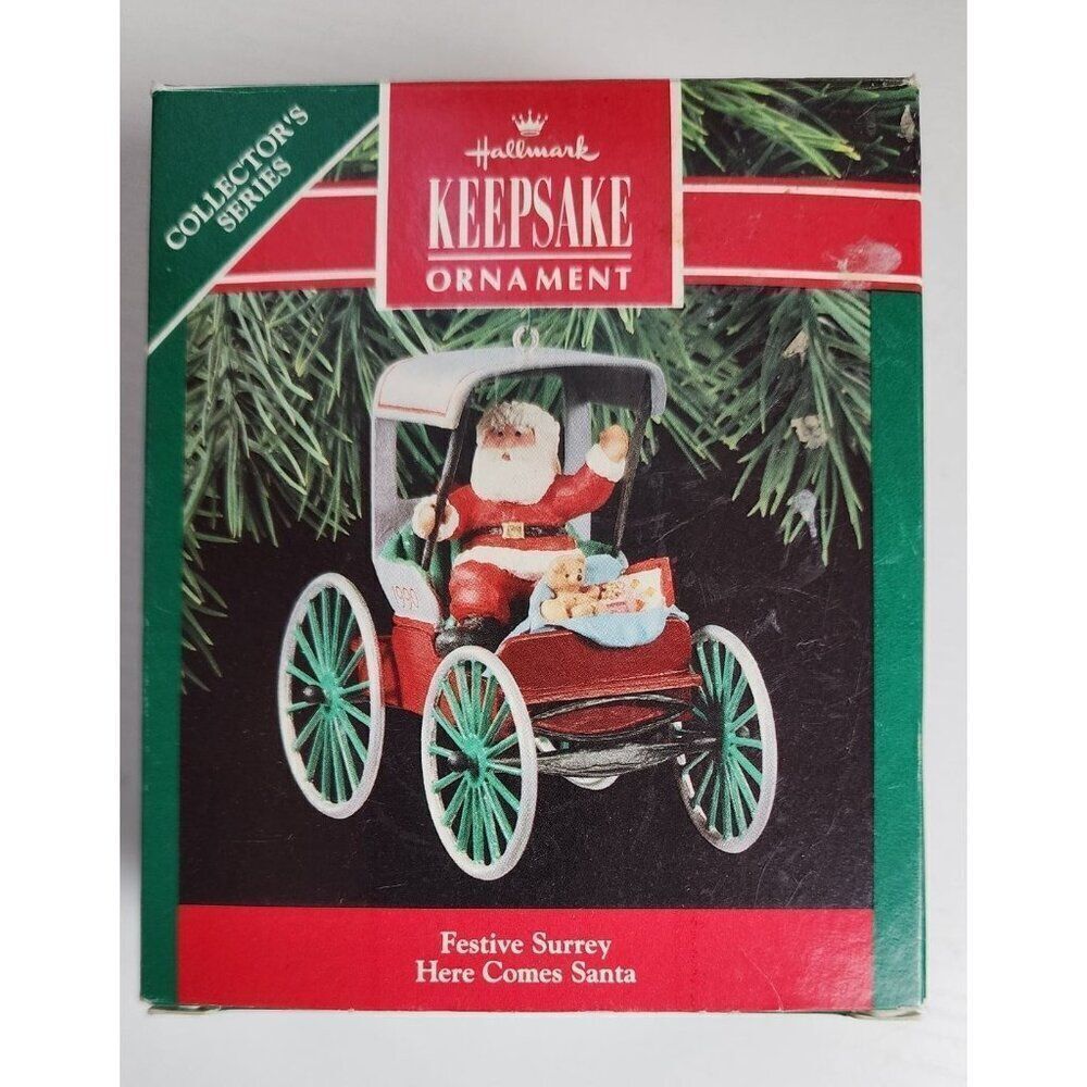 Hallmark Vintage Christmas Ornament 1990 Here Comes Santa Festive Surrey
